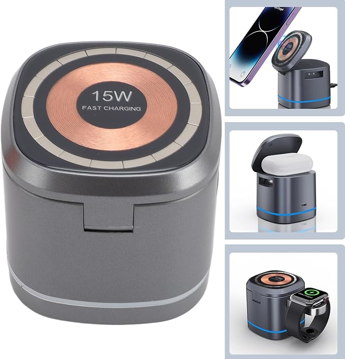 Wireless Charger, 3 in 1 Fast Charging Station 15W Output, Strong Magnetic Alignment, Hidden Earbud Pad for Smartphone, Smartwatch, Earphones