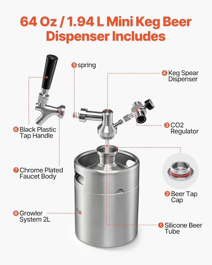 VEVOR 64oz Mini Keg, Pressurized Growler Tap System, 304 Stainless Steel Beer Kit, with Co2 Regulator, Self-Closing Faucet, Keeps Fresh and Carbonation for Homebrew, Craft and Draft Beer