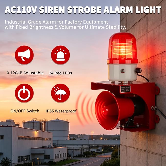AC110V Industrial Siren Alarm Strobe Light-120dB Loud Horn&Waterproof Red Beacon Warning Light for Emergency,Factory,Fires,Tornado,Intruder Deterrent (AC110V Red Light (Switch,0-120dB))