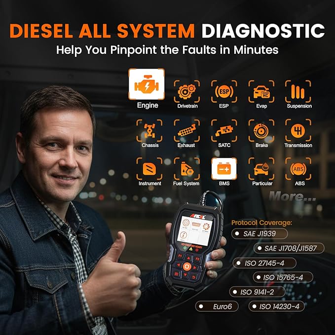 ANCEL Heavy Duty Truck Scanner HD601 All System Diesel Diagnostic Scan Tool fits for Cummins, Detroit, Freightliner, International, Paccar, Check Engine for Truck & Car 2 in 1 Code Reader (Gray)