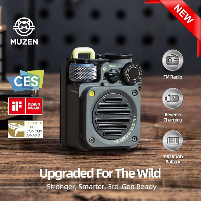 Muzen Upgraded Wild Mini 3.0 Outdoor Portable Wireless Bluetooth Speaker with FM Radio, Phone Charger/15H Playtime/IPX5 Waterproof/3 Mode Flashlight, Rugged Gear for Man Camping/Hiking/Travel(Gray)