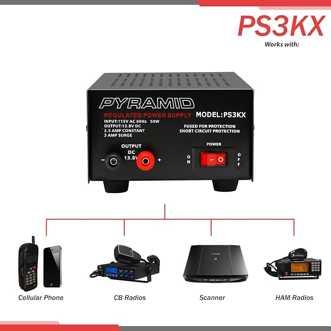 Pyramid Universal Compact Bench Power Supply - 2.5 Amp Linear Regulated Home Lab Benchtop AC-to-DC 12V Converter w/ 13.8 Volt DC 115V AC 50 Watt Power Input, Screw Type Terminals, Cooling Fan PS3KX