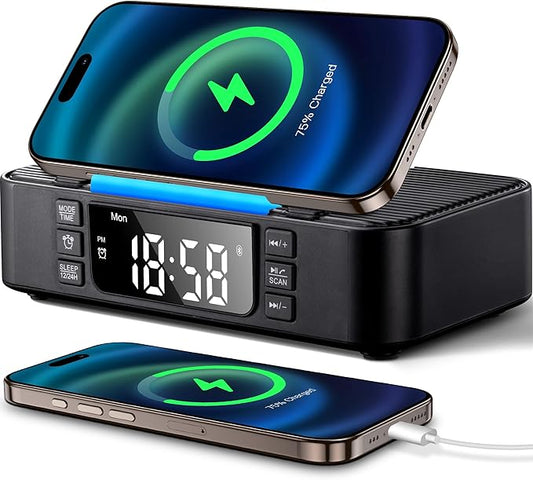 9-in-1 Wireless Charging Station with Bluetooth Speaker, Alarm Clock, FM Radio, Night Light – Compatible iPhone 17/16/15/SamsungS25/S24/Android, USB/Type-C/AUX, Phone Holder, Adjustable Display