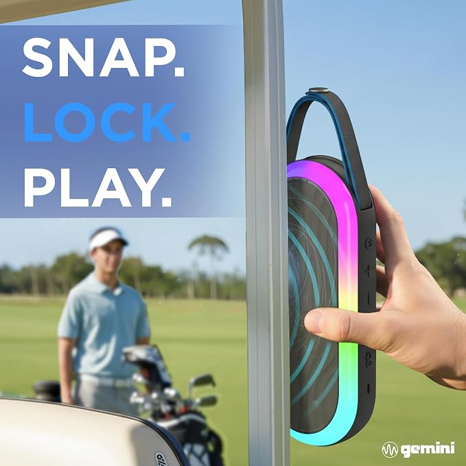 Gemini Magnetic Bluetooth Golf Cart Speaker, Waterproof (BeatGrip Pro) | Magnetic golf cart speaker, waterproof - 8 hr battery, USB-C - 8 LED modes, mic - multi-link to 50