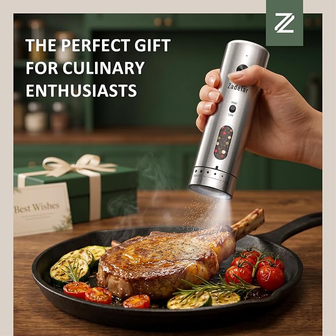 Zadelar Electric Salt and Pepper Grinder Set with Charging Base, Rechargeable Pepper Mill with 6-Level Visible Coarseness Adjustment, High/Low Variable Speeds, Stainless Steel, One-Handed Operation