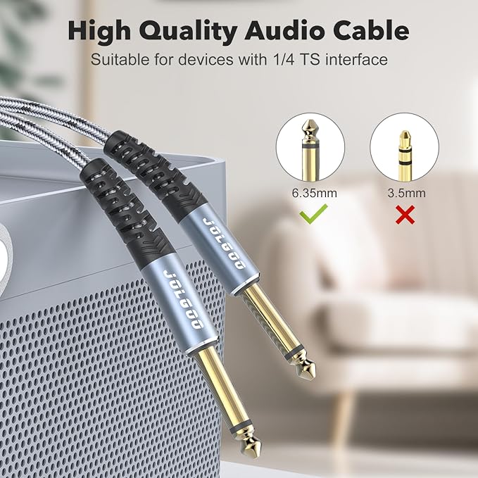 JOLGOO 1/4 Inch Guitar Instrument Cable 15 FT 2-Pack, 1/4 inch TS Guitar Cable, Quarter inch Cable, for Electric Guitar, Bass, Keyboard, Mixer, Amplifier, Speaker, Electric Mandolin