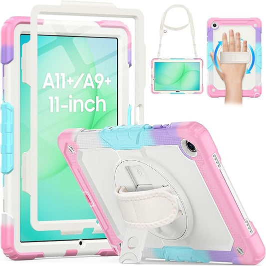 HXCASEAC Case for Samsung Galaxy Tab A11+ Plus Kids 11 Inch, Protective with Screen Protector/Hand Strap/Pen Holder, Sturdy Shockproof for Samsung A11 Plus Tablet Case, Cute for Girls - Rainbow Pink