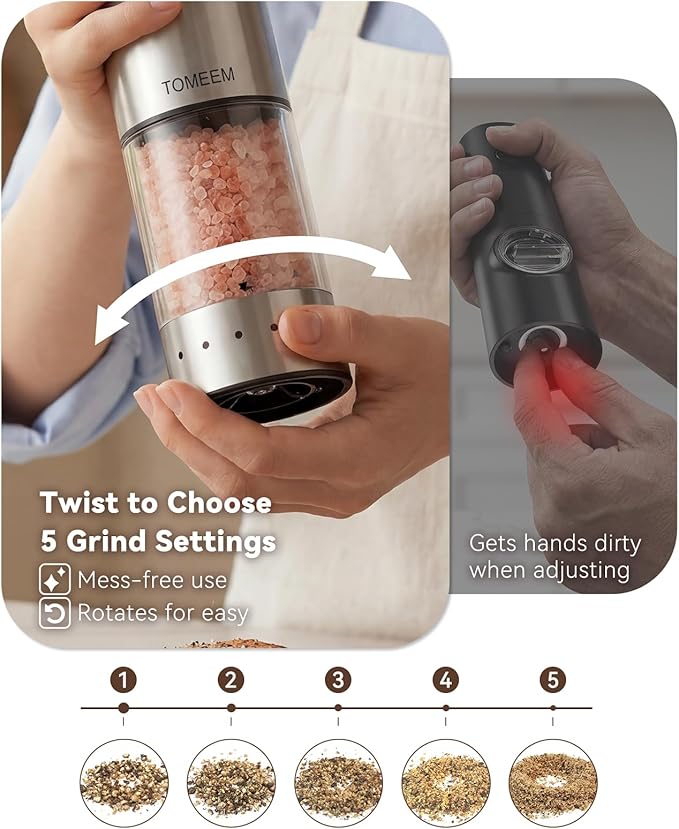 TOMEEM Rechargeable Electric Salt and Pepper Grinder Set, 115ml Large Capacity Stainless Steel Automatic Pepper Mill with Storage Base, LED Display and Light