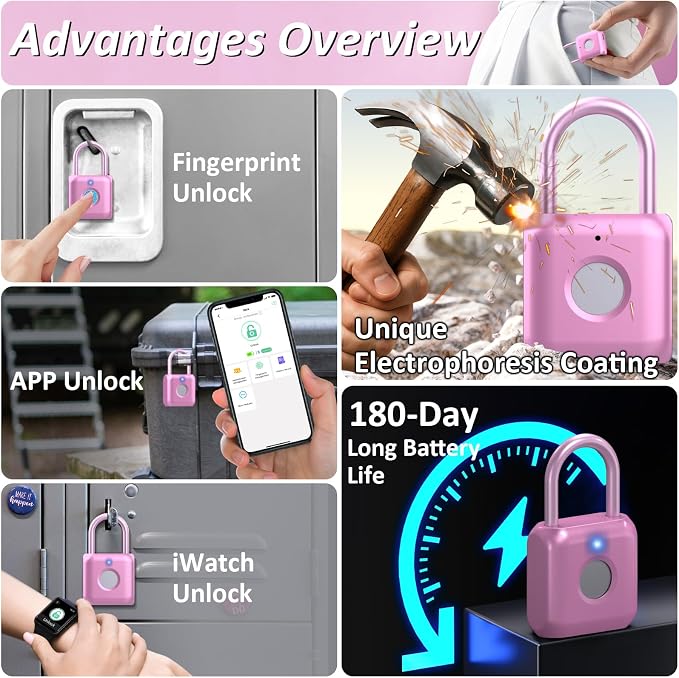 Pothunder Fingerprint Padlock, Smart Padlock, Locker Lock, Combination Lock, Fingerprint Lock with APP Unlock, USB Rechargeable, Suitable for Gym Locker, Door, Locker(Pink)