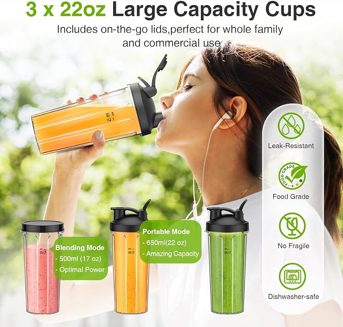 KOIOS Blender for Smoothies,Personal Blender for Shakes and Smoothies with 3 * 22oz To-Go Cups,22000 RPM Smoothie Maker,Detachable 6-leaf Blade Portable Blenders for kitchen,Black