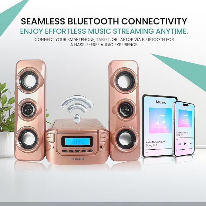 Philco Stereo Shelf Systems Compact CD Shelf System with Digital FM Stereo Radio, Bluetooth Wireless Technology, and Remote Control | LCD Display | MP3 & AUX Port Compatible | USB Playback (Rose Gold)