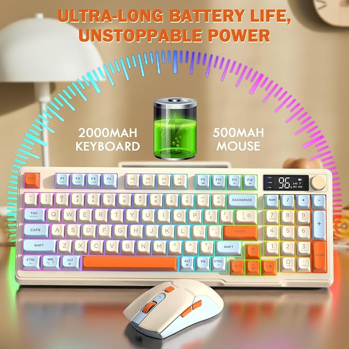 ZIYOU LANG T96 Wireless Gaming Keyboard and Mouse Combo,Dual Bluetooth/2.4G RGB Backlit Mechanical Feeling Keyboard with Smart Display & Knob,4000 DPI Gaming Mouse for PC Laptop Mac Wins-Blueberry
