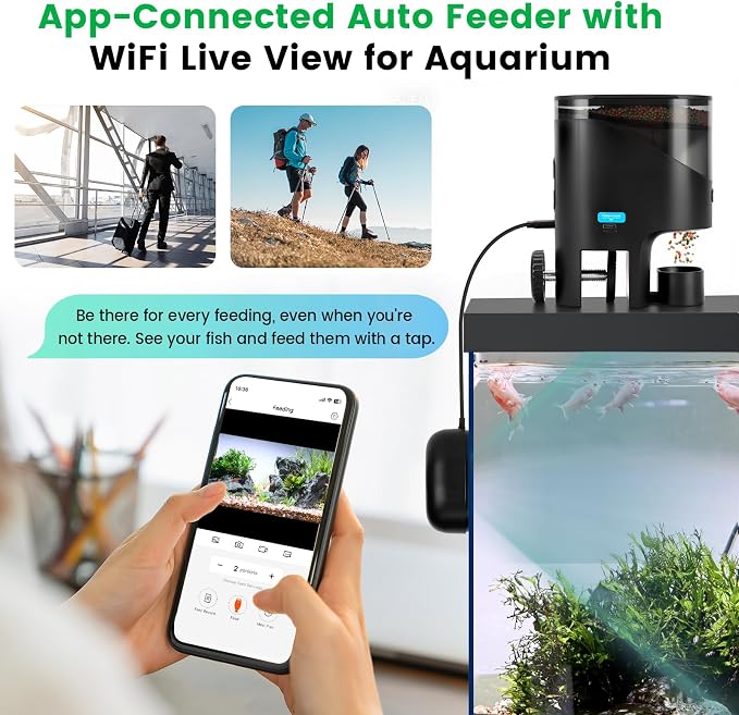 fishkeeper Automatic Fish Feeder for Aquarium Flakes, WiFi (2.4G/5.0G) & APP Control - Auto Fish Food Dispenser/Betta Fish Feeder with HD 2.5K Camera and Timer, Aquarium Feeder for Turtle Koi Tanks