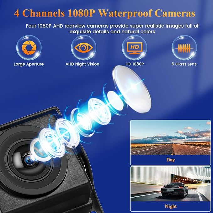 Inefala 4K RV Backup Camera System Wireless CarPlay Android Auto, 10.36" Quad Split Touch Screen Monitor with 4 AHD Rear View Camera, IP68, Night Vision, DVR Loop Recording
