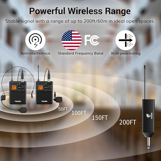 TONOR UHF Wireless Microphone System with Headset Lavalier Lapel Mic, Bodypack Transmitter, Rechargeable Receiver, 2 * 15 Channels 60 m/200ft Range 1/4" Output for Recording, 2 Bodypack Mics