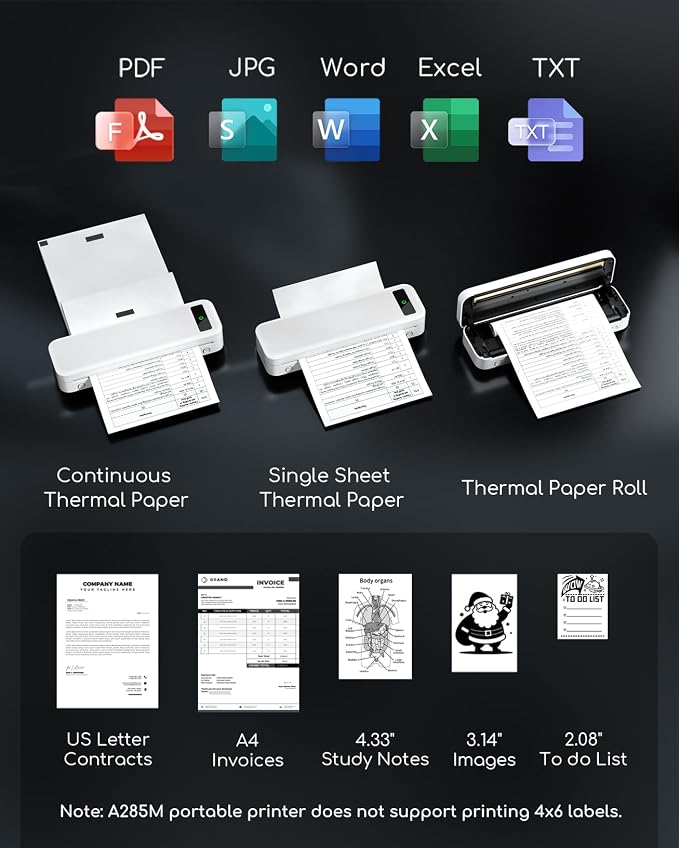Portable Thermal Printer, A285M Bluetooth Portable Printers Wireless for Travel Home Use, Small Inkless Mobile Mini Compact Printer for Phone Laptop, Support 8.5'' x 11'' US Letter & A4 Thermal Paper