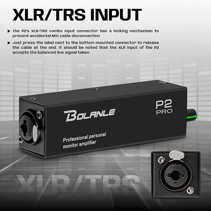 Bolanle P2 USB-C Portable in-Ear Monitor Amplifier, 5V DC/AAA Battery, XLR/TRS Input 3.5mm Output, LED, Stereo/Mono Switch for Keyboardists, Drummers, Live Stage (Single Channel-Black)