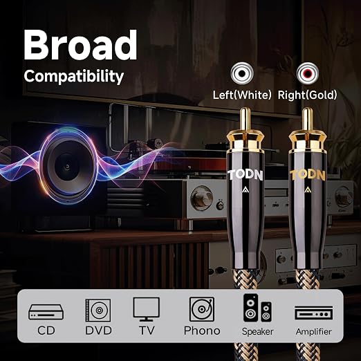 TODN 6.5ft HiFi OCC RCA Stereo Audio Cables Dual Shielded for Turntable/CD | RCA to RCA, Noise Reduction, 24K Gold-plated Plug, Male to Male, Left and Right Channel, For Home Audio