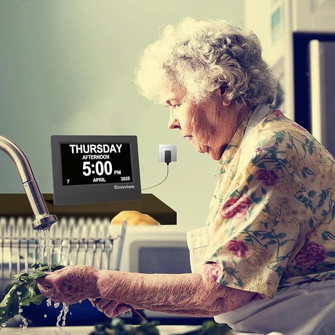 Digital Alarm Clock 7" HD Large Screen Digital Calendar with Auto-Dimming, Clear Day/Date Display for Alzheimer's Dementia Seniors & Low Vision with Remote Control and Custom Reminder Function(Black)