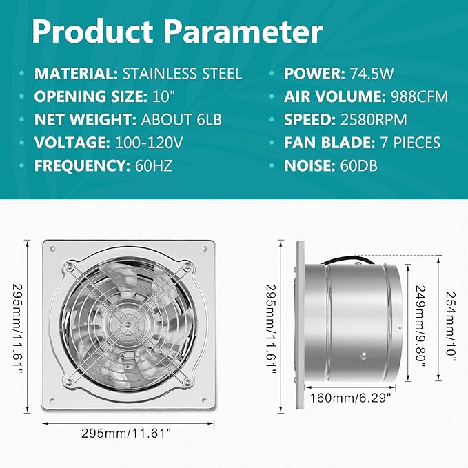 HG Power 10 Inch Metal Exhaust Fan with Switch, 988 CFM Powerful Garage Exhaust Fan with Damper, Potable Wall Mount Fan Fume Extractor Ventilation Fan for Shop, Shed, Basement, Chicken Coop, Silver