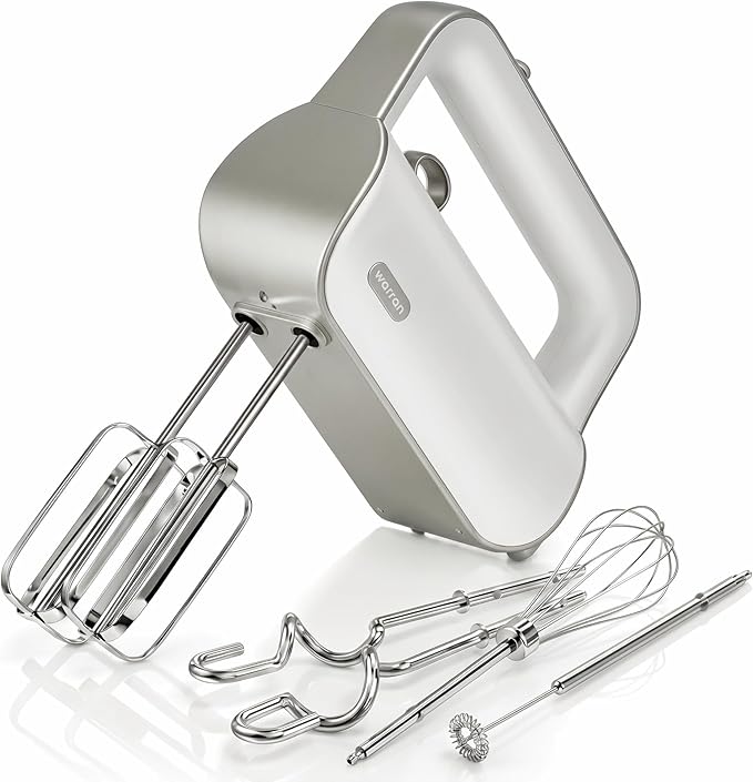 Master 4-in-1 Electric Hand Mixer with Turbo Boost, Stainless Steel Whisk, Beaters, Dough Hooks & Milk Frother, Lightweight Handheld Mixer for Baking & Coffee, Light Olive Green
