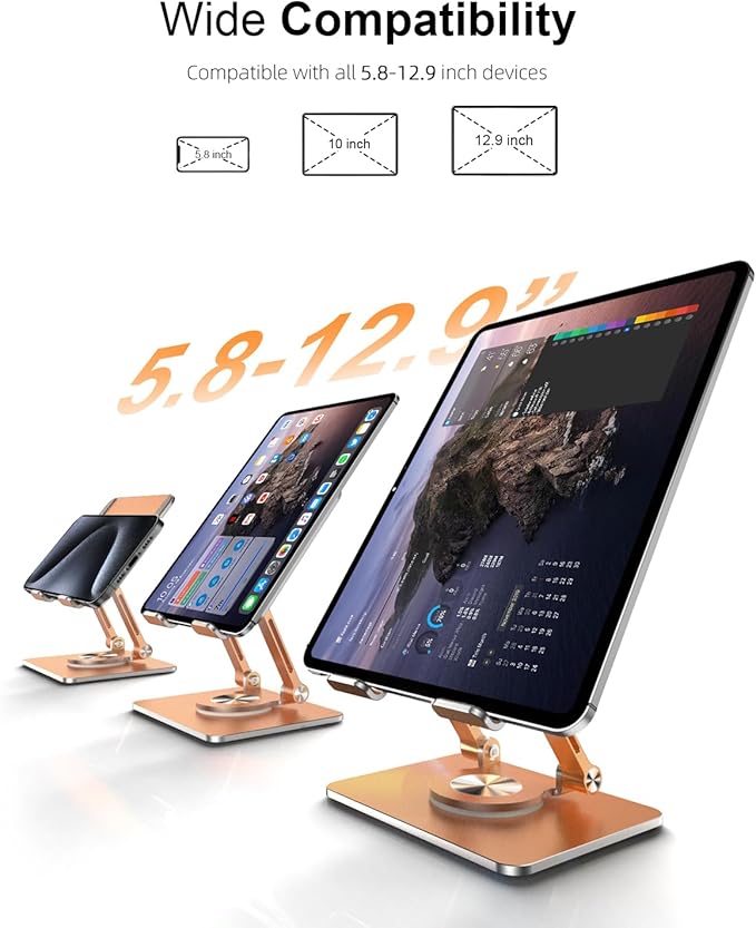 Orlian Tablet Stand Holder with Thickened 360°Rotating Base Dual Rod Adjustable Aluminum Stand for All 5.8-12.9” iPad Samsung Phone Tablet Kindle E-Reader and More, Champagne Gold