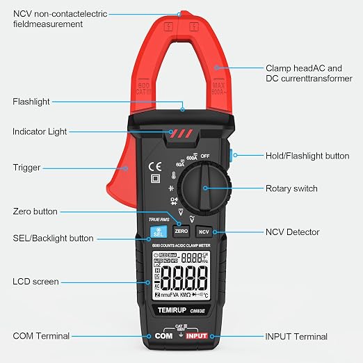 Digital Clamp Meter Multimeter, TRMS 6000 Counts 600A Current Amp Volt Meter, Auto-Ranging Voltage Tester Measures AC DC Current Voltage Resistance Capacitance Temperature Diodes Continuity NCV