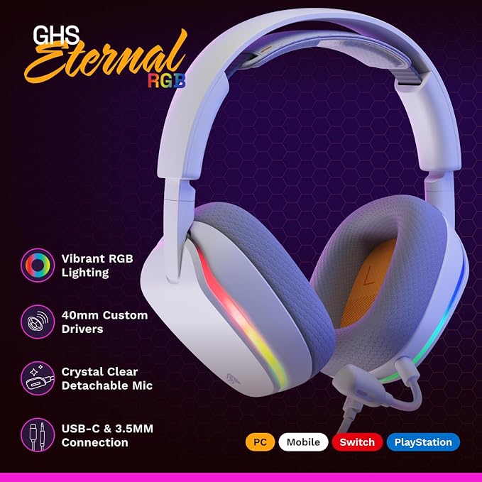 GLORIOUS GHS Eternal RGB - Stereo RGB Gaming Headset for PC, PS5, PS4, Switch - Custom Tuned Angled Drivers, Adjustable Crystal Clear Detachable Mic, USB-C - Durable, All Day/Night Comfort - White