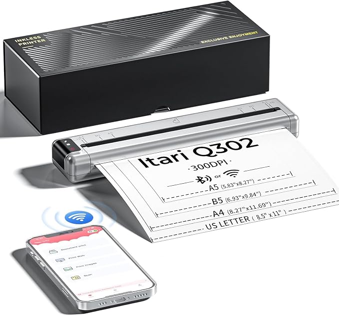 Itari Q302 Portable Thermal Printer, Portable Printers Wireless for Travel, Upgraded 300DPI Inkless Phone Printer Supports US Letter/A4/B5/A5, Compatible with Android and iOS Phone & PC