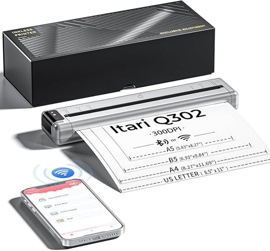 Itari Q302 Portable Thermal Printer, Portable Printers Wireless for Travel, Upgraded 300DPI Inkless Phone Printer Supports US Letter/A4/B5/A5, Compatible with Android and iOS Phone & PC
