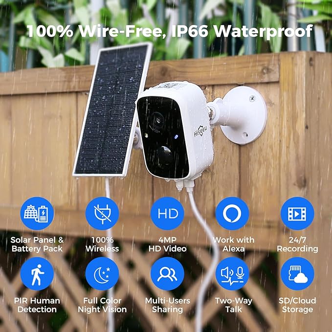 Hiseeu Solar Camera Security Outdoor, 3 Pack 100% Wireless 3K 4MP Surveillance Indoor WiFi Smart Cameras for Home Security Outside, PIR/AI Motion Detection, Waterproof, Color Night Vision, 2-Way Audio