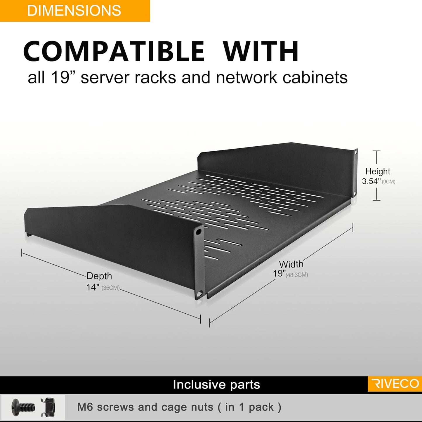 RIVECO 2 PCS 2U Rack Shelves 14 Inch Depth, Rack Mount Vented Cantilevers for Server 19" Server Racks & Network Cabinets Black