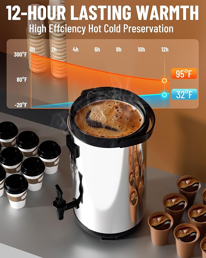 WantJoin Insulated Beverage Dispenser - 1-pack Thermal Hot and Cold Drink Dispenser with Spigot, Stainless Steel Premium 12 L/3.2 Gallon for Coffee & Hot tea,Cold Milk,Water,Juice (Silver)