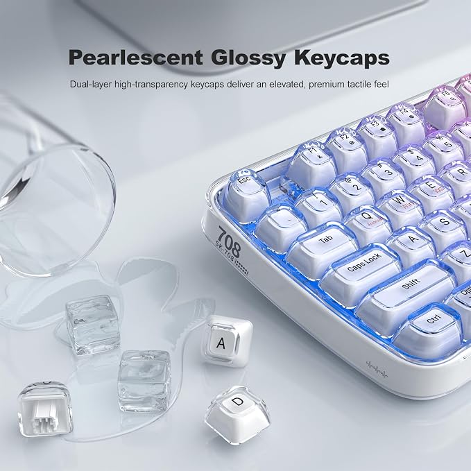 GEEZER Computer Backlit Keyboard White Crystal - Full-Size Bluetooth Wireless Rechargeable Transparent Keycap Portable Keyboards Compatible with Windows, Laptop, PC, Desktop