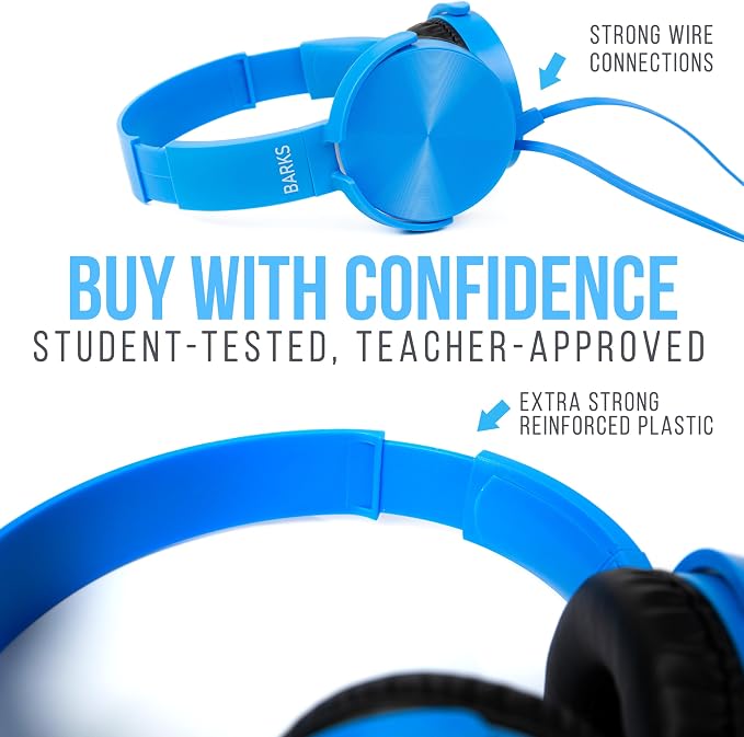 Barks Classroom Headphones with Microphone (Blue, 12 Pack) - Wired 3.5mm On-Ear Bulk Headphones for Classroom: Best for Students K-12 Schools (Durable, Inline Microphone, Great Recording Quality)