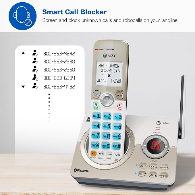 AT&T DL72119 DECT 6.0 Cordless Phone for Home with Bluetooth Connect to Cell, Call Blocking, 1.8" Backlit Screen, Big Buttons, intercom, and Unsurpassed Range