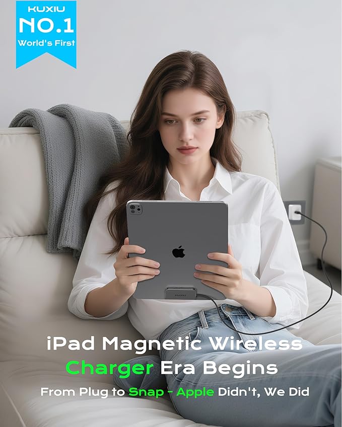 KU XIU Magnetic Wireless Charger for iPad Pro 13" M4/M5 ONLY, 35W Fast Charging Smart Connector Charger, Aluminum Alloy Wireless Charging Pad with 6.56ft USB-C Cord Cable (Adapter Not Included)
