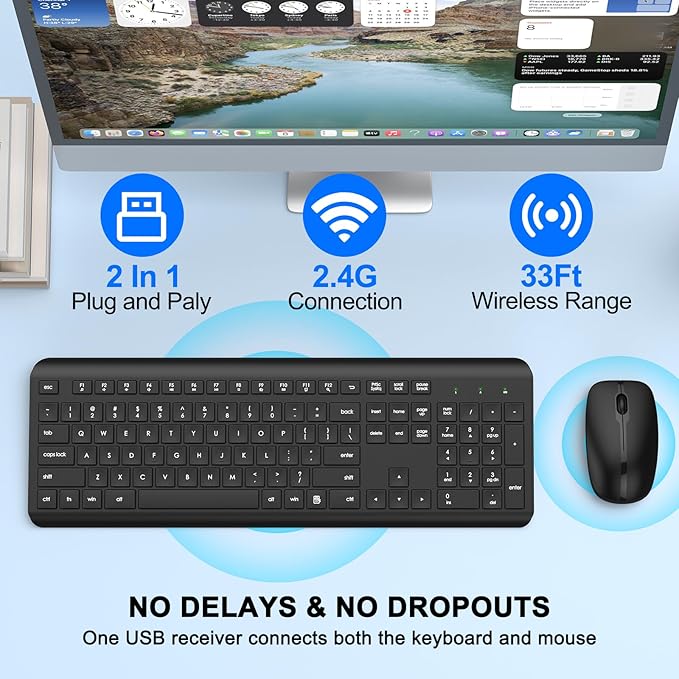Wireless Keyboard and Mouse Combo, Full-Size Silent Ergonomic Keyboard and Optical Mouse, Long Battery Life, 2.4G Lag-Free Cordless Mice Keyboard for Windows Mac Laptop, PC-8 Packs
