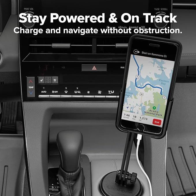 WeatherTech CupFone with Extension – Adjustable, Universal Cup Holder Cell Phone Mount Car & Truck Accessory – Best Design for iPhone & Smartphone Charging – Silver Metal Knobs