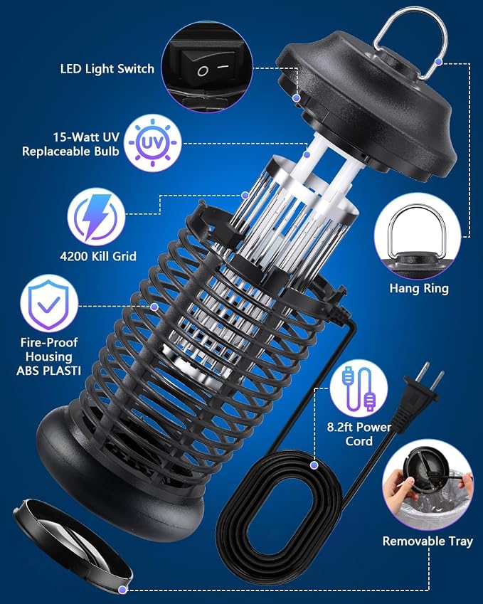 Outdoor Insect Killer, Mosquito Killer, Electric Fly Killer, Insect Killer, Mosquito Killer, Fly Trap, Indoor and Outdoor Flying Insect Killer 4200V, ABS Plastic Shell (Black)