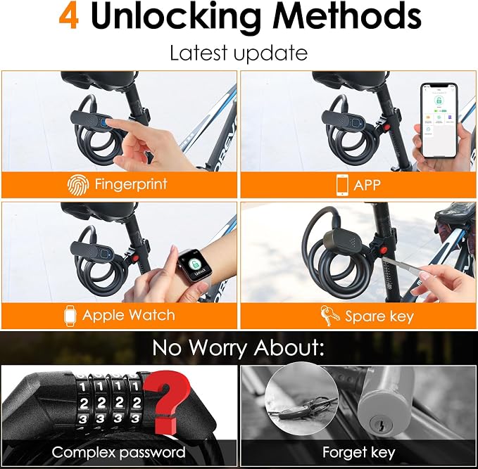 Fingerprint Bike Lock Cable, Eseesmart Keyless Bike Lock Chain Heavy Duty Anti-Theft Bicycle Lock Waterproof 1.5M Stainless Steel Cable Bike Lock with Mounting Bracket (Black, 4.92Feet Long)