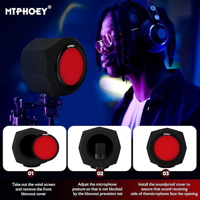 Microphone Windscreen Pop Filter, Recording Shield,Isolation shield Sound-Absorbing Foam Windscreen for Large Mic, Studio Equipment Indoor & Outdoor Recording with Gift Mic Stand&Phone Holder