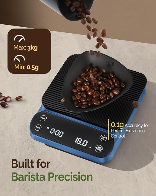 Maestri House S3 Coffee Scale with Timer, 3kg/0.1g Rechargeable Pour Over Coffee Scale, 3 Brew Modes, Adjustable Brew Ratios & Flow Rate Display, Scale for Pour Over, Espresso & French Press-Blue