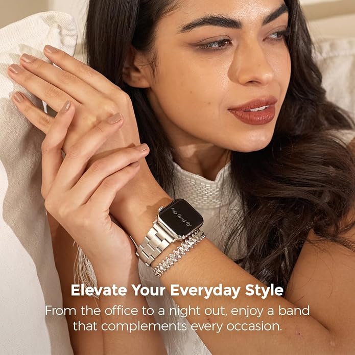 My Pretty Strap - Compatible Apple Watch Band Strap, Stainless Steel Fashion iWatch Replacement Strap- Easy Resizing, No Tool Needed, Fits Most Wrists- Compatible with Series 1-11, SE and Ultra