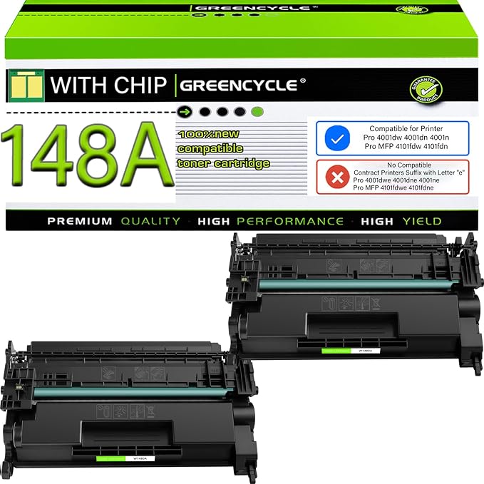 148A Toner Cartridge 4001n 4101fdw W1480A 148 Replacement Compatible for HP 148A Black Toner Cartridge Work with Laser Jet Pro 4001dw 4001dn 4001n MFP 4101fdw 4101fdn Ink Cartridge(2PCS,with Chip)