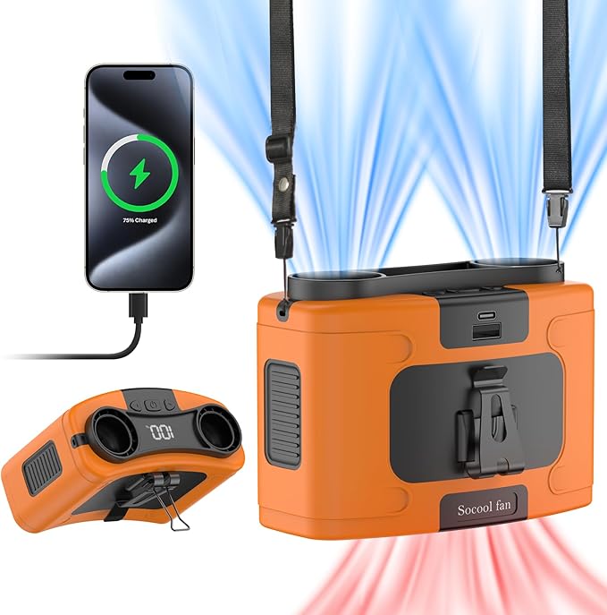 Socool 10000mAh Portable Waist Fan Clip on Wearable Belt Personal Fans Rechargeable Battery Operated, 20H Cooling with 10 Speeds & Dual Motors,Neck Hanging Hands-Free for Outdoor Travel Power Bank