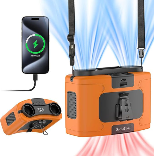 Socool 10000mAh Portable Waist Fan Clip on Wearable Belt Personal Fans Rechargeable Battery Operated, 20H Cooling with 10 Speeds & Dual Motors,Neck Hanging Hands-Free for Outdoor Travel Power Bank