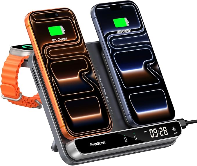 Dual Phone Charger, Wireless Charger for iPhone 17/16/15/14/13/12 Series, for Apple Watch 11/10/9/8/7/Ultra 3/SE 3, for AirPods 4/Pro 3/Pro 2, SwanScout 710A
