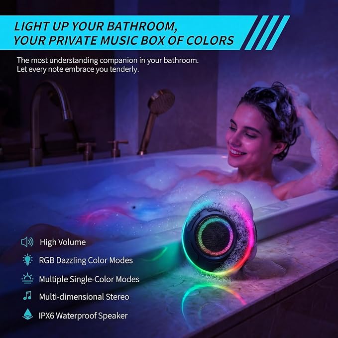 JK&EROSSTARS Portable Bluetooth Shower Speaker–Waterproof,Stereo,LED Light | Over 10H Playtime,Built-in Micro,Suction Cup&Hook,for Outdoor,Kitchen,Kayak,Beach,Camping,Gifts for Unisex