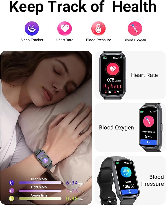 Amzhero Health Fitness Tracker with 24/7 Heart Rate, Blood Oxygen, Blood Pressure, Sleep Tracker, 5ATM Waterproof Activity Trackers with Step Tracker, Pedometer (S & L Bands Included)
